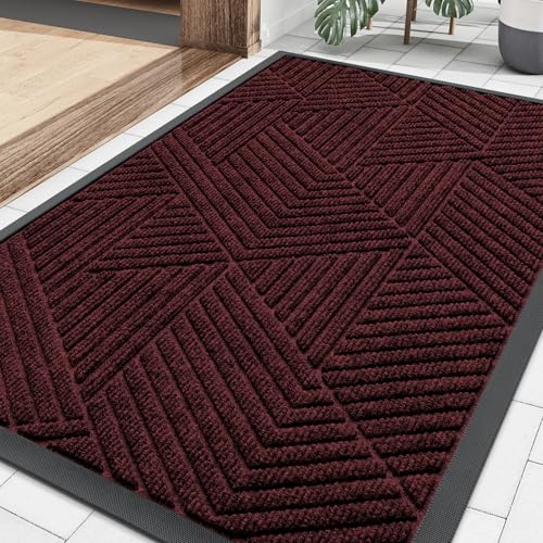 Image of Smiry Front Door Mat Outside Entrance, Heavy Duty Sturdy Natural Rubber Doormat, Trap Dirt and Moisture, Easy Clean Low Profile Welcome Floor Mats for Indoor Outdoor Entry, 35X23 Inch, Dark Red