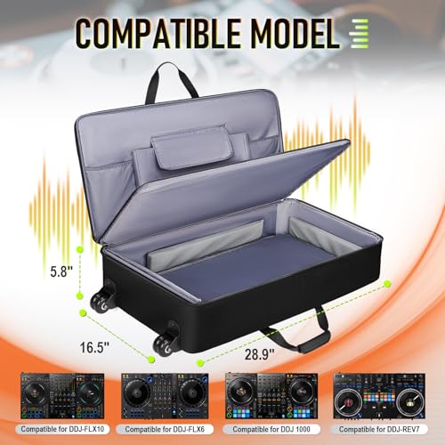 Image of SNIGJAT DJ Controller Case with Wheels Compatible for DDJ-FLX10 / DDJ-GRV6 / 1000 / REV7 / REV5 / FLX6 / SC LIVE 4, Padded Rolling DJ Backpack with Multi-Pocket for 17.3 inch Laptop, DJ Accessories