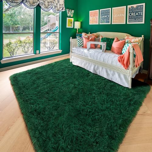 Amdrebio Dark Green Large Living Room Rug 6x9, Fluffy Area Rugs for Bedroom, Soft Fuzzy Shag Rug for Kids Playroom Dorm, Thick Big Modern Rugs for Living Room Decor, Plush Cool Emerald Green Carpet