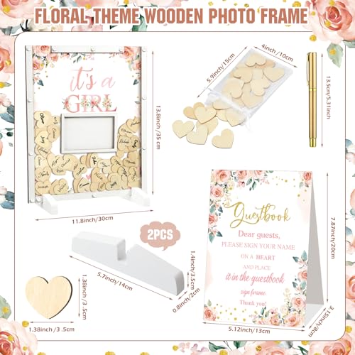 Image of 65 Pcs Baby Shower Guest Book Alternatives Baby Shower Sign in Guest Book Decorations It's a Girl Floral in Bloom Decorations with Photo Frame and 60 Wood Slices Keepsakes Gifts for Guests