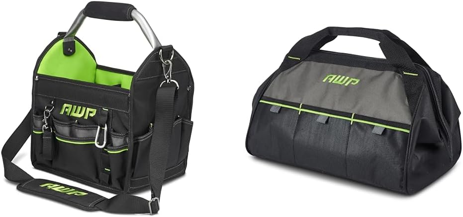 AWP 12 Inch Pro Tool Tote with Rotating Handle for Easy Tool Access, Water-Resistant Construction & 15 Inch Tool Bag with Apex Handle Design, Compact Size, Water-Resistant Construction