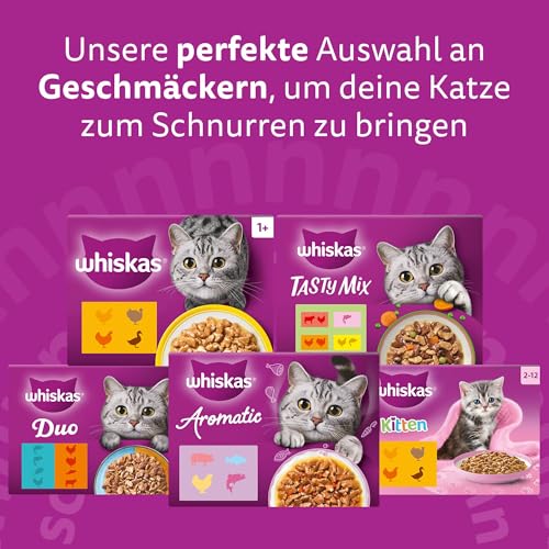 Whiskas 1+ Katzennassfutter Ragout Geflügel Auswahl in Gelee, 40x85g (1 Packung) – Hochwertiges Nassfutter für ausgewachsene Katzen in 40 Portionsbeuteln