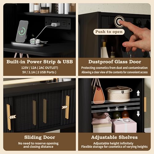 Image of 51 inch Fluted Makeup Vanity Desk with 4 Drawers & Adjustable Shelves,Dressing Table with Mirror and Lights, Large Vanity with Glass Top and Power Outlet for Bedroom (Black)