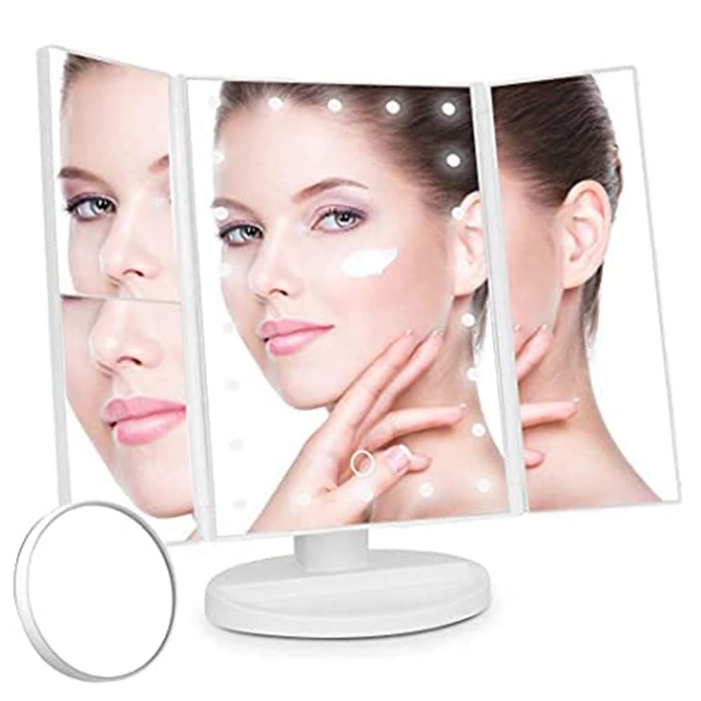 KASTWAVE Lighted Makeup Mirror with 22 LED Lights, Trifold Vanity Mirror with 10X/3X/2X/1X Magnification, Touch Screen, Dual Power Supply, 180 Degree Rotation Portable Mirrors for Travel