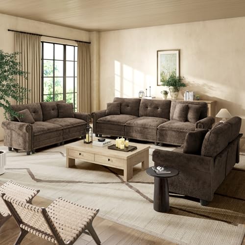 Image of HERA'S HOUSE Modular Sectional Sofa and Loveseat Set Living Room 3-Piece | Mid-Century Modern 7-Seater Cloud Sofa Set, Grayish Brown, Rolled Arms & Nailhead Trim, Wider Seats, Chenille Furniture Set