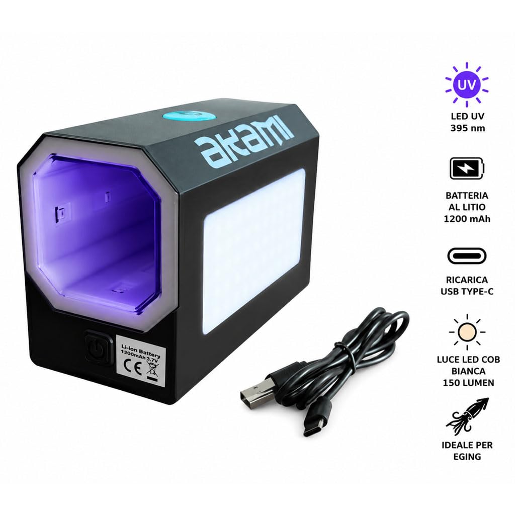 AKAMI UV-639 Box UV per Ricarica Totanare Glow e Accessori Luminosi | Lampada UV 395nm Ricaricabile Perfetta per la Pesca Eging per Calamari e Seppie | MASSIMA LUMINOSITÀ PER LE TUE TOTANARE GLOW