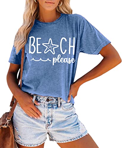 Summer T Shirt For Women Wave Coconut Tree Graphic Short Sleeve Casual Vacation Trip Tee Top(Blue,Medium) #TOP27