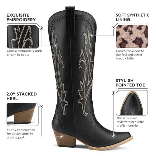Image of Rollda Cowboy Boots for Women Cowgirl Boots Embroidered Knee-High Western Boots Pointy Toe with Chunky Heel