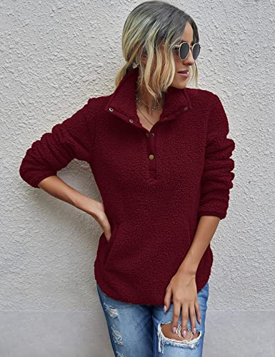 Image of AKEWEI Women Faux Fleece Sweatshirt Fuzzy Button Pullover Coat with Pocket