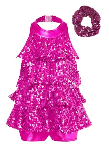 Raenseen Vestido De Baile De Jazz Latino Y Salsa Rumba para Niñas con Secuencias Y Tassel Traje De Baile para Presentaciones con Set De Diadema Rosa 7-8 años