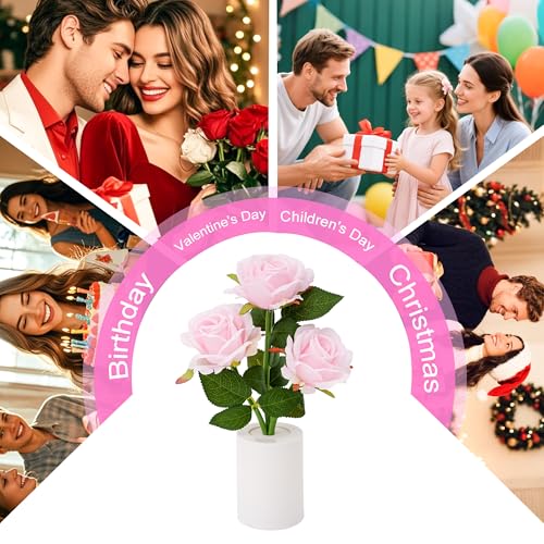 Image of Artificial Pink Rose Flower Lamp, Light Home Decor Birthday Gifts for Women