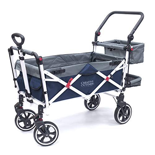 Creative Outdoor Push Pull Collapsible Folding Wagon | Titanium Series Plus | Beach Park Garden & Tailgate Navy Blue With Canopy #TOP4