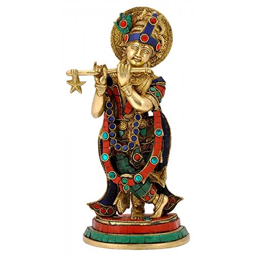 Statue de Krishna en laiton avec pierres idole hindoue Shri