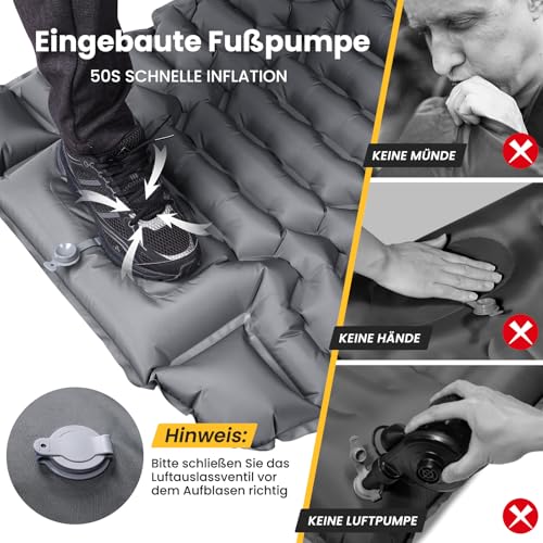 WARMTUYO Isomatte Camping, Ultraleicht Camping Aufblasbare Matratze mit Fußpresse Pumpe und Kopfkissen, Faltbare Wasserdicht Luftmatratze Anti-Ripstop Schlafmatte für Wandern, Strand, Outdoor 3