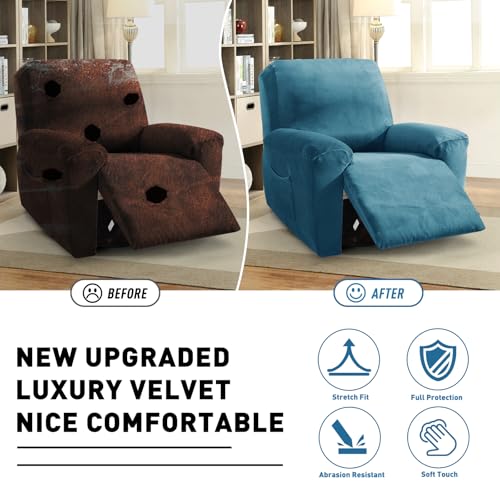 Image of ZNSAYOTX 2026 Velvet Oversized Recliner Cover 3-Piece, Luxury Plush Recliner Chair Covers with Elastic Band & Ties Stay in Place, Stretch Reclining Slipcover for Lazy Boy Soft Washable (Peacock Blue)