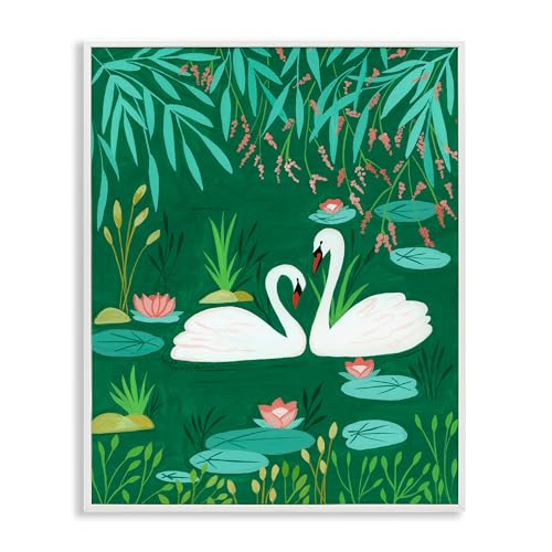 Cygnes sur étang vert Stupell Industries tableau encadré blanc 35x27 cm