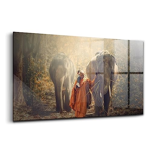 Image Décoration murale en verre 120x60cm tableau moine éléphants Wallfluent durable