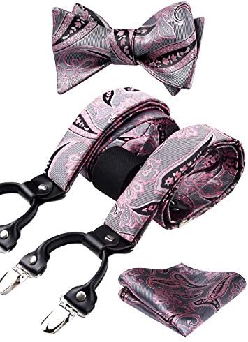 HISDERN Mens Paisley Y Shape Braces with Very Strong 6 Clips trousers Heavy-Duty Adjustable and Elastic Suspenders Bowtie and Pocket Square Set One Size Fits All