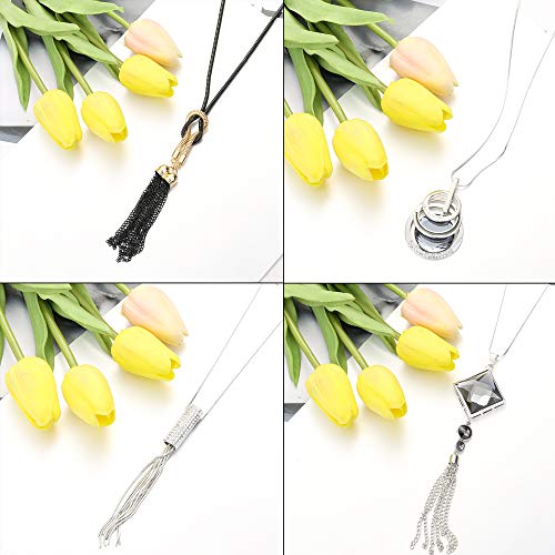 Jstyle 6Pcs Women Long Sweater Necklace Silver Plated Rhinestone Flower Tassel Pendant Neckace Jewelry Women Gifts #TOP3