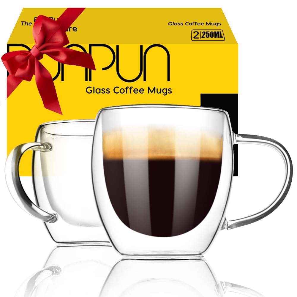 Punpun Double Wall Insulated Espresso Glass Cups Set of 2 - Perfect for Latte, Cappuccino & Hot Chocolate (250ml/8.5oz)