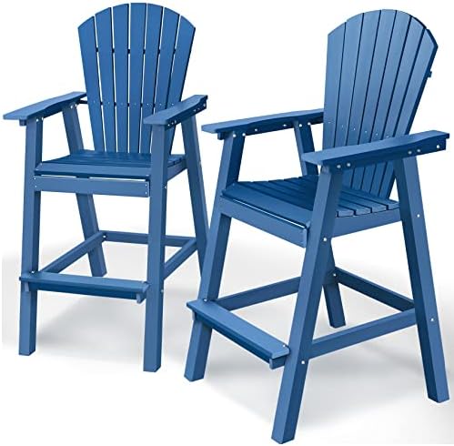 PASAMIC Tall Adirondack Chair Set of Two, HDPE Balcony Chair, Patio Bar Stools Weather Resistant for Outdoor Deck Lawn Garden Swimming Pool, Blue