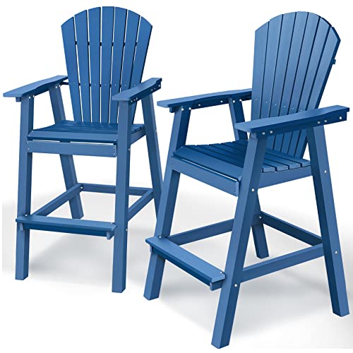 Pasamic Tall Adirondack Chair Set Of Two, Hdpe Balcony Chair, Patio Bar Stools Weather Resistant For Outdoor Deck Lawn Garden Swimming Pool, Blue #TOP29