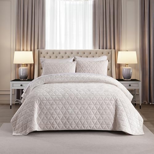 Homzard Velvet King Size Comforter Set, Luxury King Quilt, Cream White Bedding Set, Soft Bedspread, Lightweight for All Season