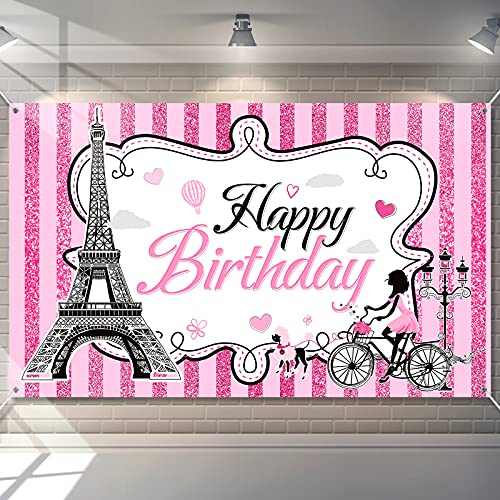 Paris Happy Birthday Backdrop Eiffel Tower Photography Background Paris Party Decorations Sweet Pink Stripes Girl Birthday Party Supplies Party in Paris Dessert Table Decorations,