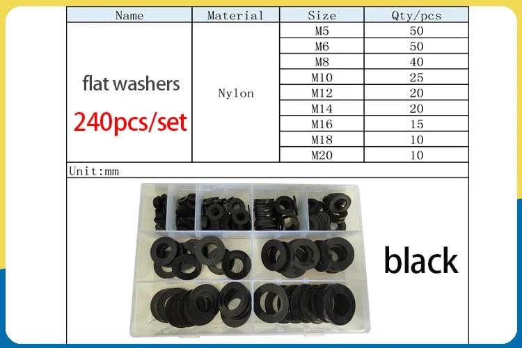 M2 M3 M4 M5 M6 M8 M10 M12 M14 M20 PVC Washers Set Hard Plastic Nylon Gasket Transparent Insulation Flat Paded Assortment Kit(Nylon black 1set)