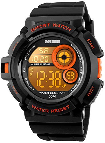 Mens Military Multifunction Digital Watches 50M Water Resistant Electronic 7 Color LED Backlight Black Sports Watch (Orange)