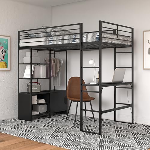 DHP Lanis Metal Storage Loft Bed with Desk, Shelves,...