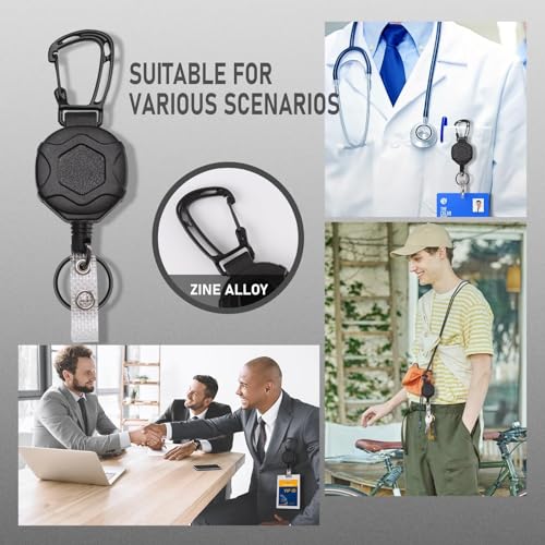 Image of Retractable Keychain Heavy Duty, Badge Reels Retractable, Tactical ID Badge Holder with Upgraded Zinc Alloy Carabiner, Steel Wire Cord, Reinforced ID Strap