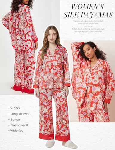 Image of Arssm Satin Pajama Set for Women Silk Pajamas Set 2 Piece Floral Pj Set Long Sleeve Button Down Pjs Sleepwear