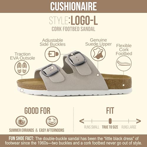 Image of CUSHIONAIRE Logo 100% Genuine Leather Suede Slides for Women, Cushioned Cork Footbed Womens Sandals with Adjustable Buckles and Memory Foam