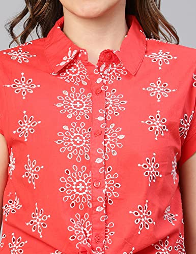 Image of oxolloxo Women Floral Print Tie-Knotted Cotton Shirt