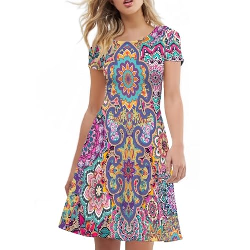 Image of HUGS IDEA Womens Puffy Swing Midi Dress Round Neck Short Sleeve Party A-Line Dresses