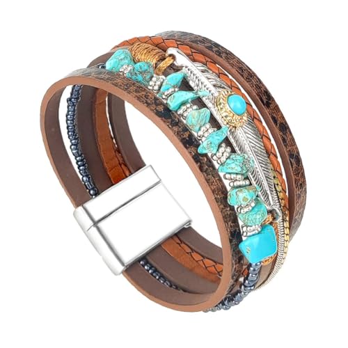 TSdiyART Turquoise Bracelet for Women, Boho Western Bracelet for Turquoise Jewelry, Leather Wrap Multi-Layer Turquoise Bracelet Bangle Jewelry (Brown)