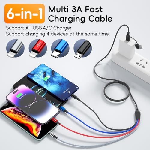4 in 2 Multi Fast Charging Cable 2Pack 1.8M/6FT 6 in 1 Quick Charge Cord USB A/USB C to Type C+Micro USB+2 IP Connectors Universal Nylon Braided Charger Cable for Multiple Devices