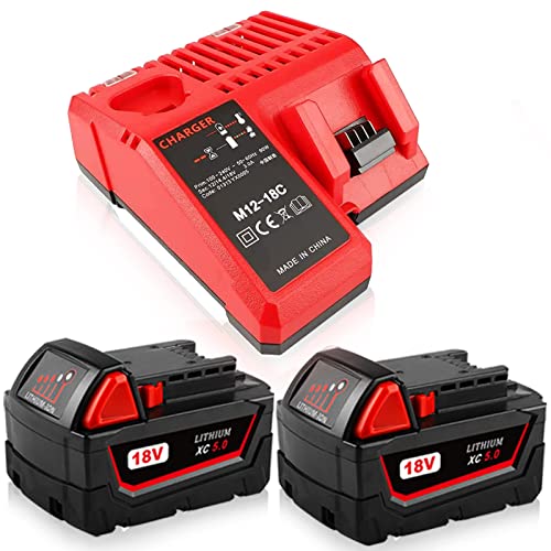 Manufer 2PACK M18 18V 5.0Ah Replacement Battery for Milwaukee + M12-M18C M12 & M18 3A battery Charger for Milwaukee