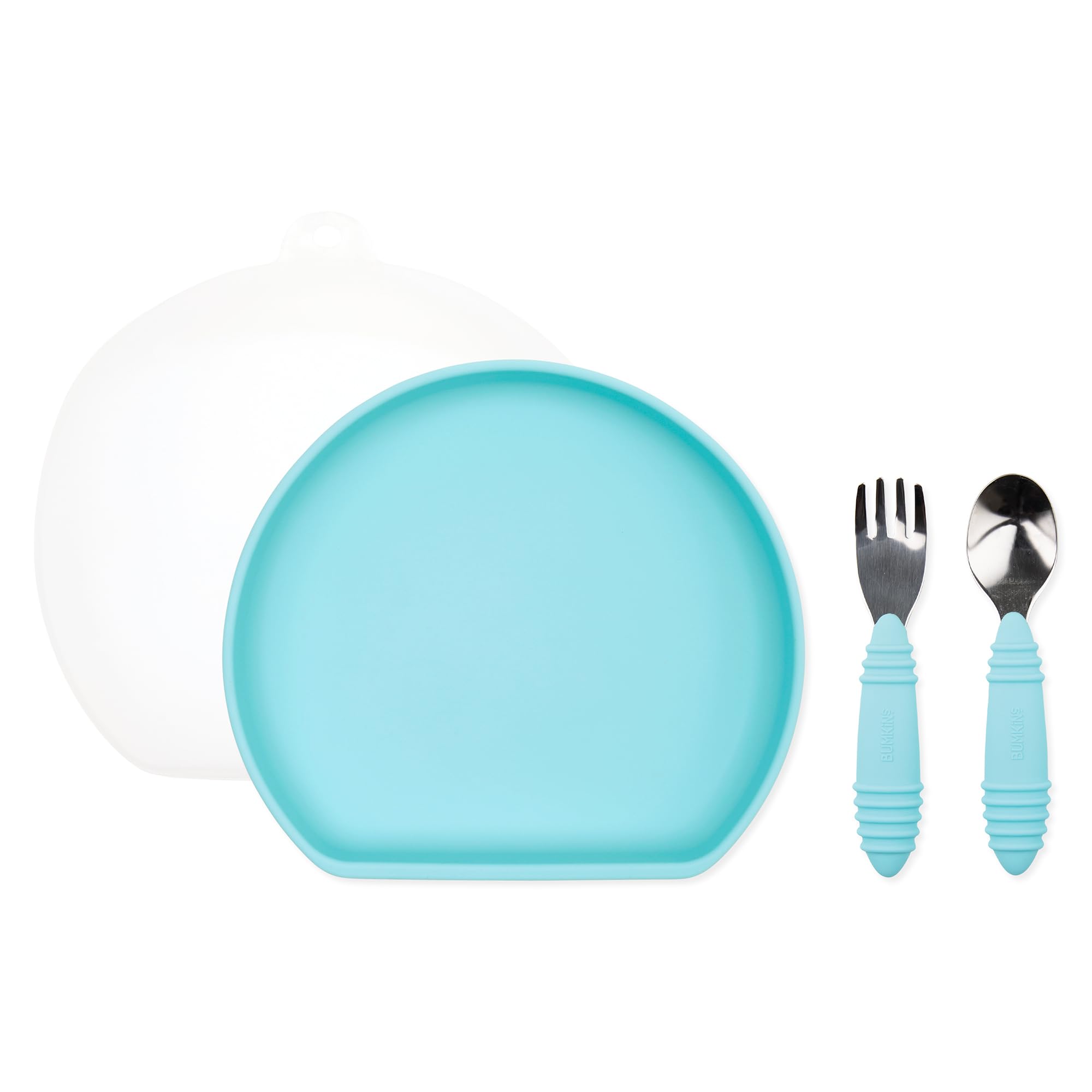 Plato de agarre de silicona Bumkins, tenedor, cuchara y tapa para niños a partir de 18 meses, base de succión, 100% silicona apta para alimentos, apto para horno, microondas, congelador, lavavajillas, color azul