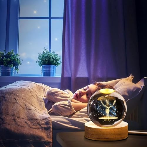 Image of 3D Crystal Ball LED Night Lamp with Wooden Base | Warm Light Bedside Table Lamp for Bedroom, Living Room, Kids Room, Study, Home Decoration & Gifting (Deere)