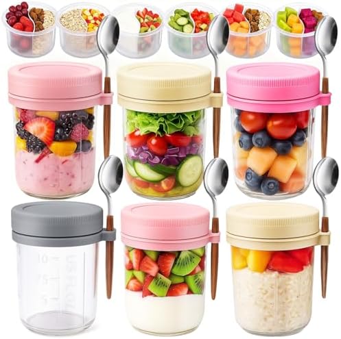 6 Packs Overnight Oats Containers with Lids, 16 Oz Glass Mason Jars with Spoons and Removable Separate Compartments Large Airtight Overnight Oats Jars for Milk Yogurt Fruit