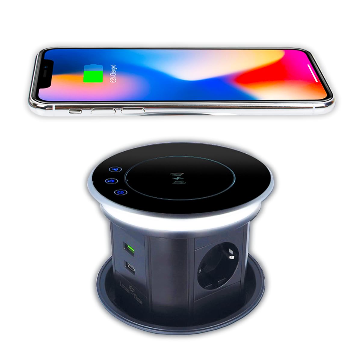 Enchufe de mesa premium con torre de enchufe retráctil, IP55, USB, estación de carga por inducción e iluminación para Smart Home Fahrbar App Control