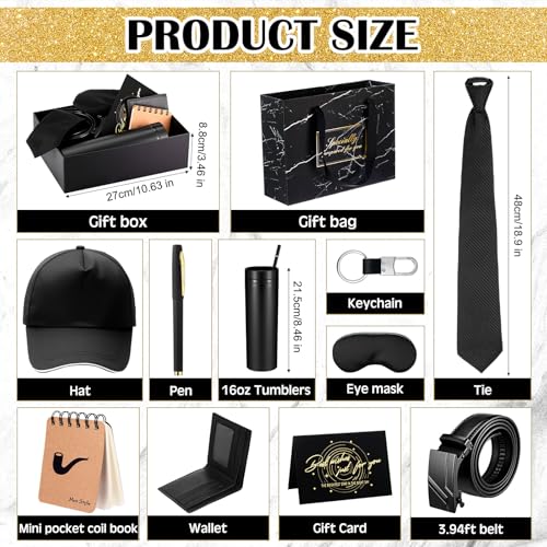 12 Pcs Birthdays Gift Baskets for Men Box 16 oz Tumbler Wallet Eye Mask Leather Belt Tie Keychain Pen Journal Hat Card Set for Dad Husband Brother Boss(Business Gift Box) - Image 3