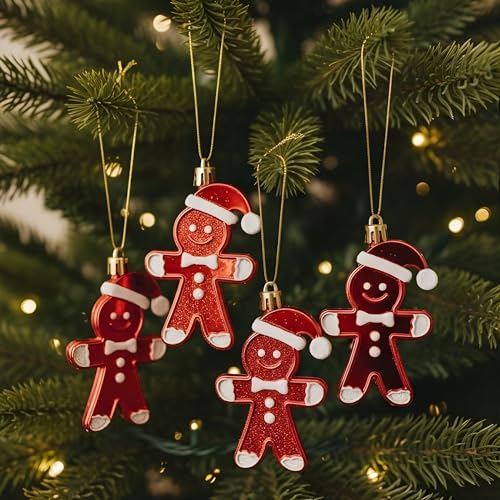 Image of Crackles Red Gingerbread Ornaments with Gold Glitter (Set of 4) | Christmas Tree Hanging Decorations | Festive Xmas Decor for Home, Office & Party, Decorations for X mas Parties