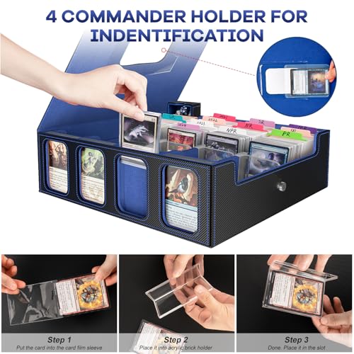 Image of 3200+ Trading Card Storage Box with Commander Display, 4-Row TCG Card Box with Portable Handle, Compatible for TCG /MTG /Magic Cards, 30 Colorful Divider, 8 Supporters, US Design Patent (Black&Blue)
