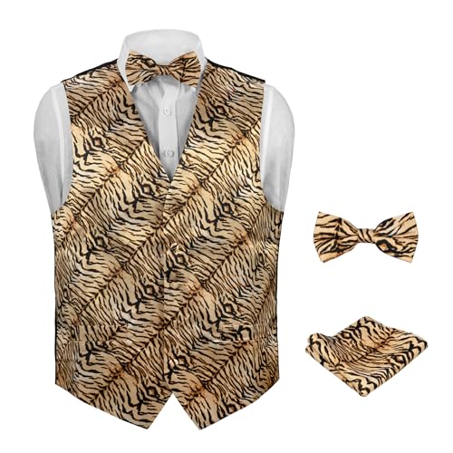 Men's Dress Vest TIGER Animal Skin Pattern Design Gold Color with Black Stripes Animal Zoo Striped Mens Bow Tie Hanky Set