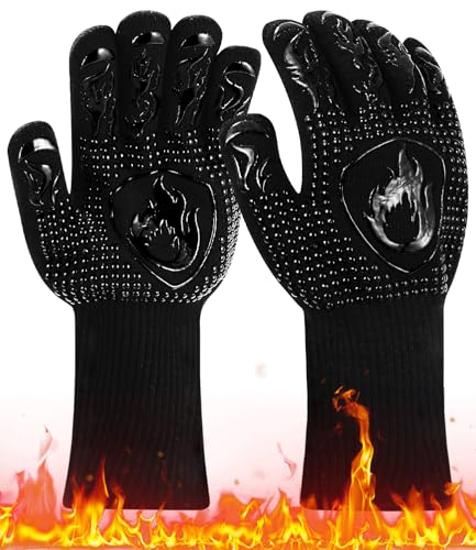 Guantes de Barbacoa Resistentes al Calor hasta 800 Grados, Guantes de Horno, Guantes Resistentes al Calor, Guantes de Cocina, Guantes para Hornear, para Interior y Exterior, de aramida, Color Negro