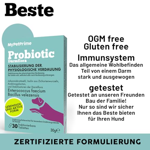 MyPetPrime Probiotika Darmflora Hunde | 30 CPR | Tabletten Darmsanierung für den Hund | Für verbesserte Verdauung & Immunsystem | gesundheitsprodukte