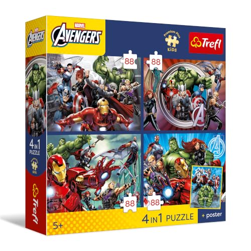 Trefl – 4-in-1 Jigsaw Puzzles: Les Avengers, Les héros sont Parmi Nous – 4 Puzzles de 88 pièces – Affiche, Lot de Quatre Puzzles pour Enfants à partir de 5 Ans